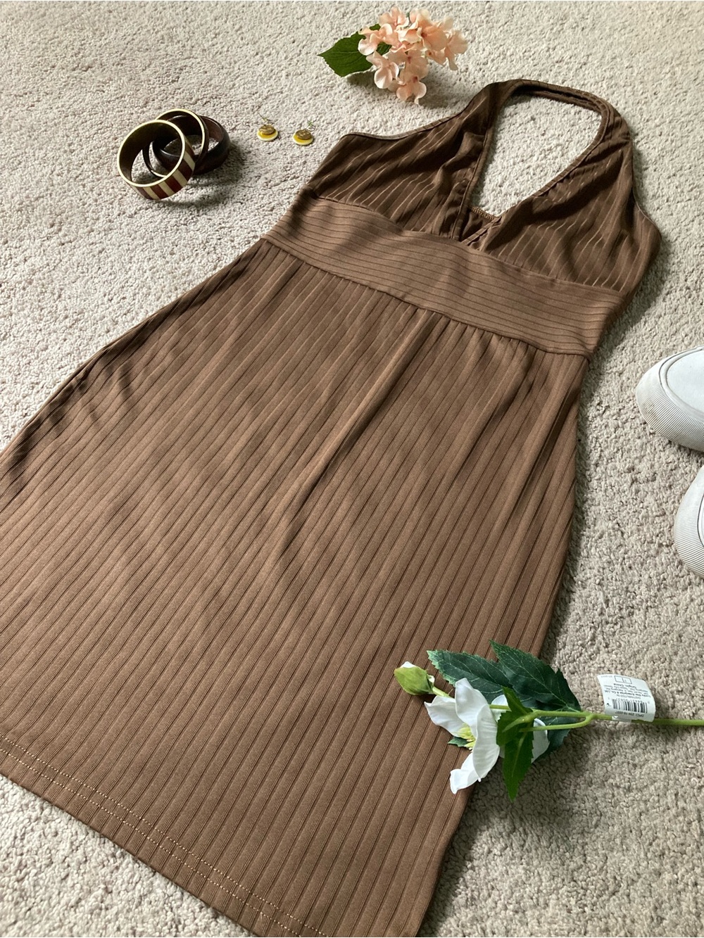 SHEIN Brown Ribbed Halter Mini Dress
